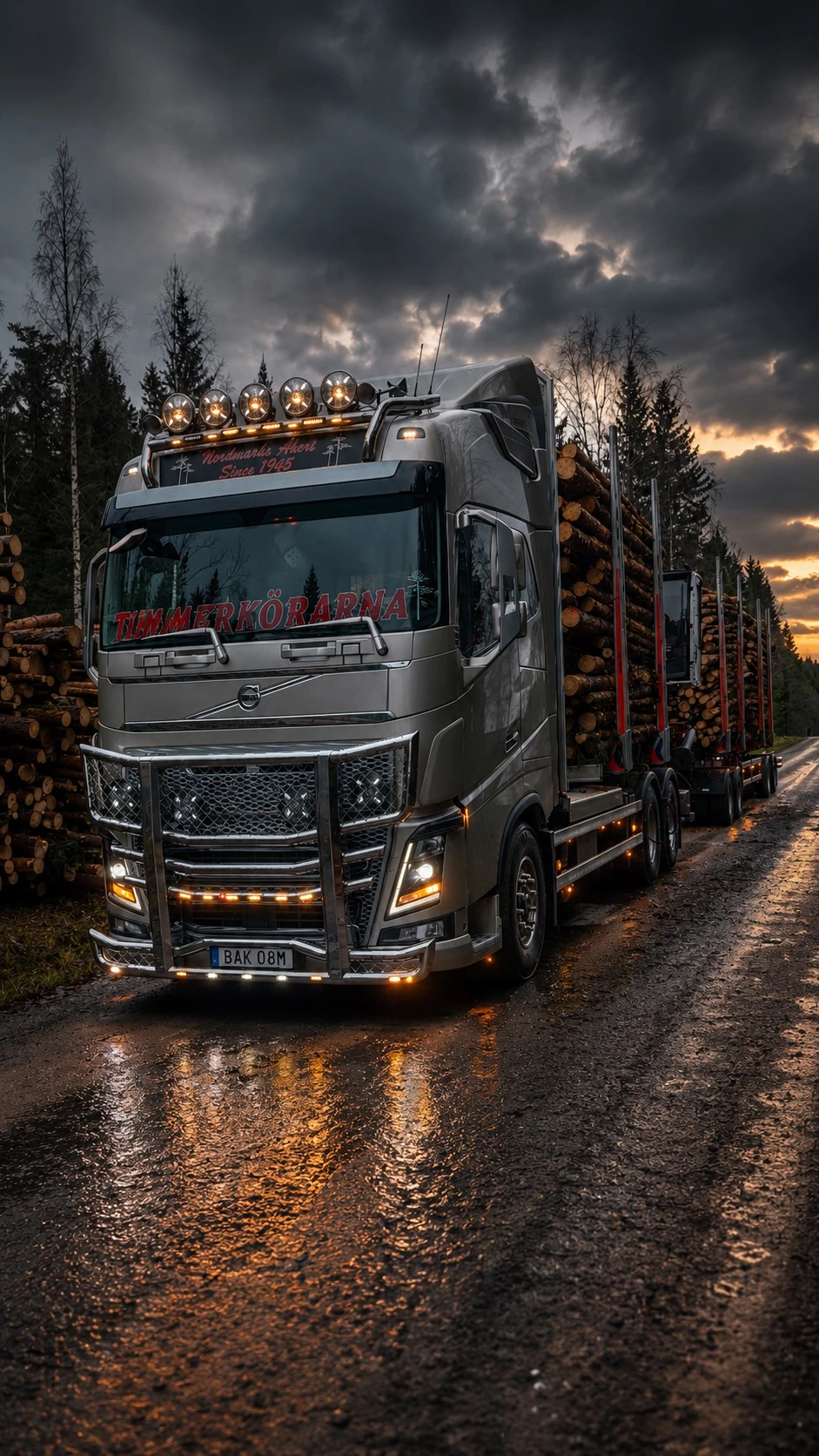 Lastbil med timmertransport på skogsväg